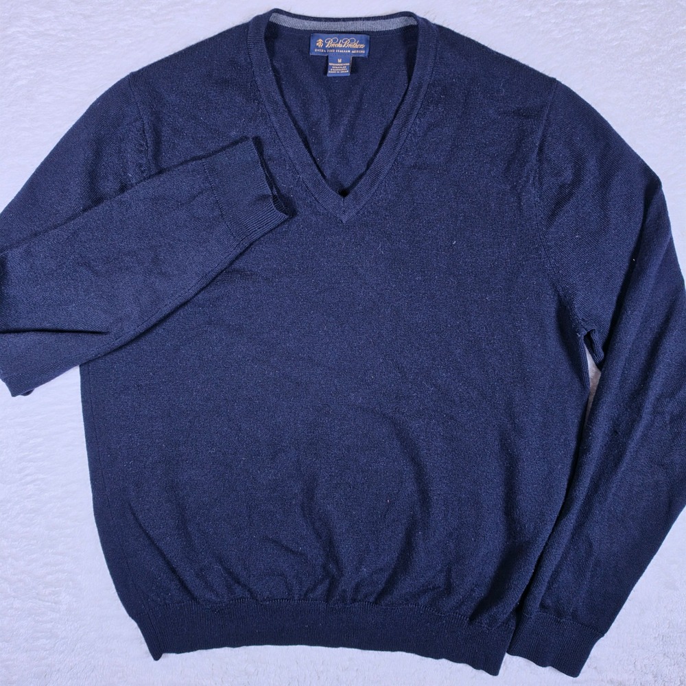 Brooks Brothers V-Neck Mens M Navy Blue Wool Nylon Stretch L/S Sweater